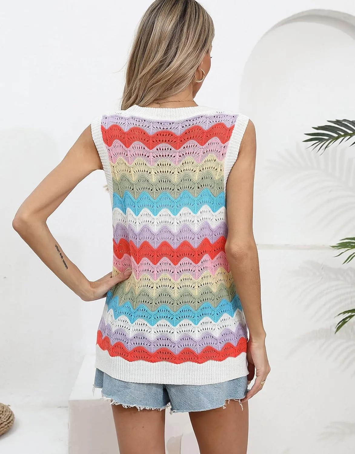 Women's Colorforful Striped Vest Sleeveless Crewneck Sweater Top Hollow Out Lightweight Knit Tops