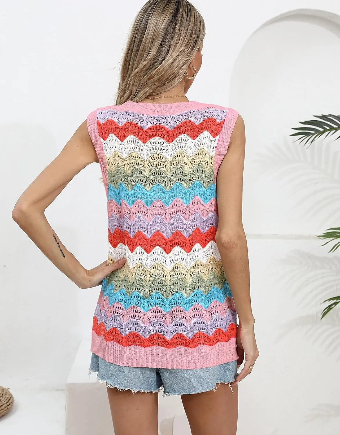 Women's Colorforful Striped Vest Sleeveless Crewneck Sweater Top Hollow Out Lightweight Knit Tops