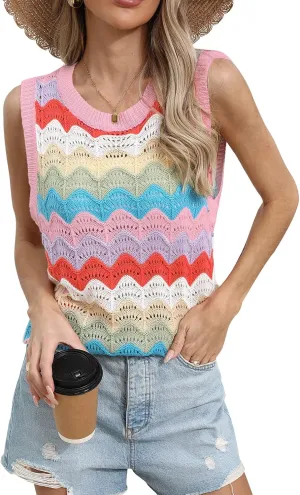 Women's Colorforful Striped Vest Sleeveless Crewneck Sweater Top Hollow Out Lightweight Knit Tops