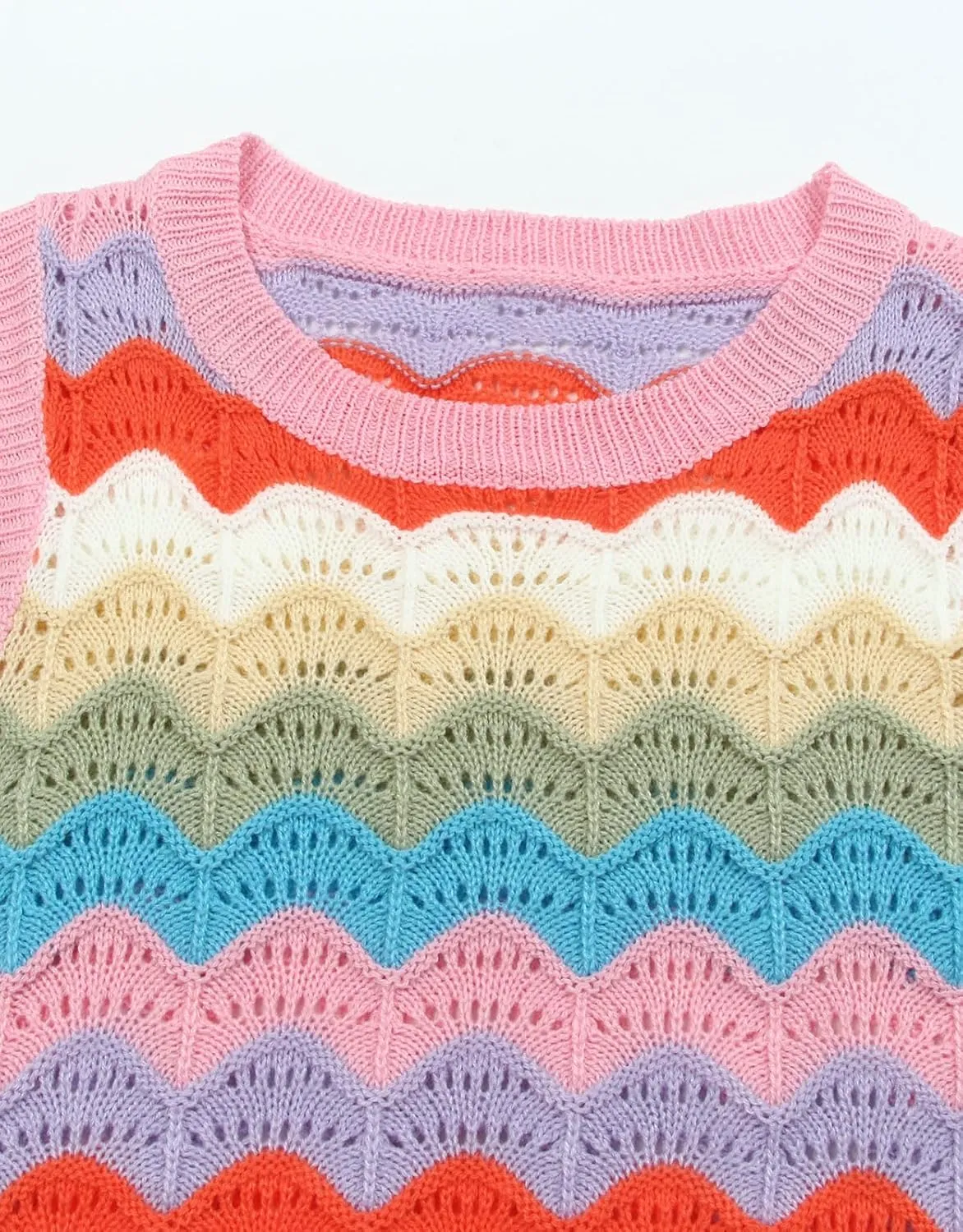 Women's Colorforful Striped Vest Sleeveless Crewneck Sweater Top Hollow Out Lightweight Knit Tops