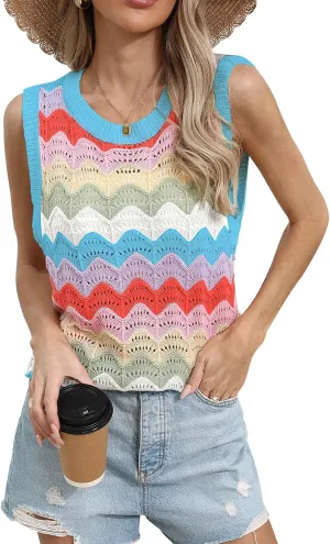 Women's Colorforful Striped Vest Sleeveless Crewneck Sweater Top Hollow Out Lightweight Knit Tops