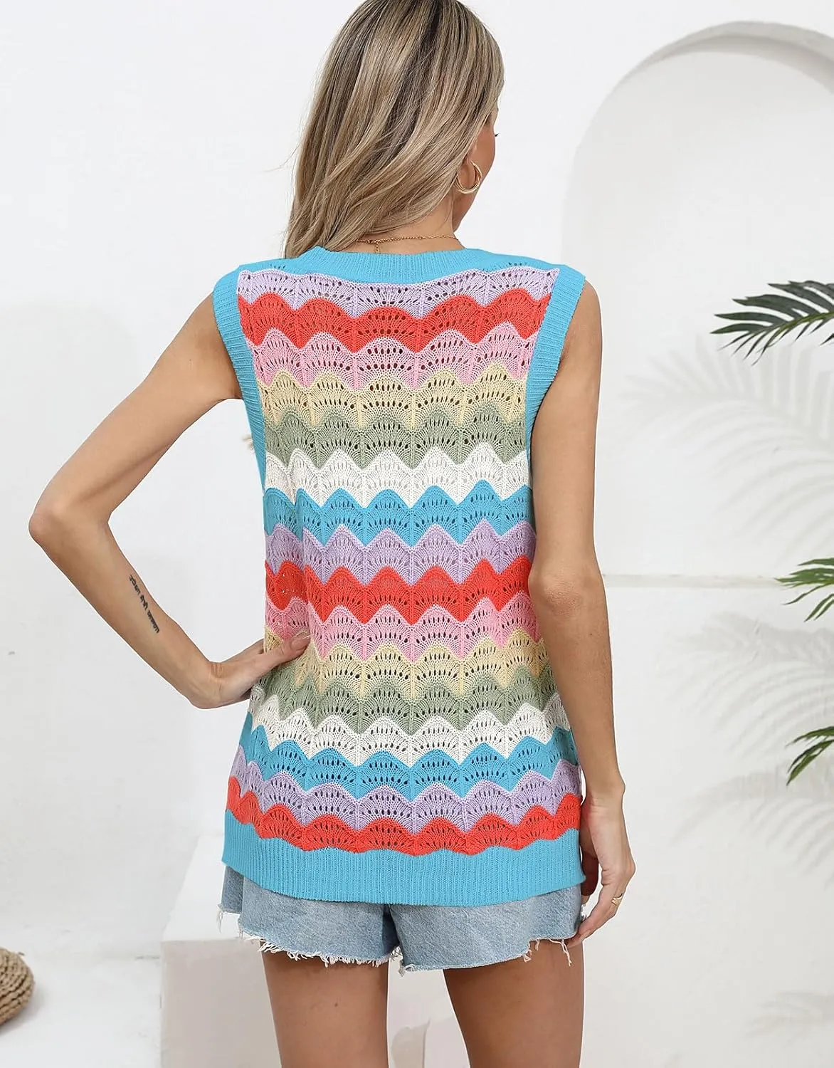Women's Colorforful Striped Vest Sleeveless Crewneck Sweater Top Hollow Out Lightweight Knit Tops