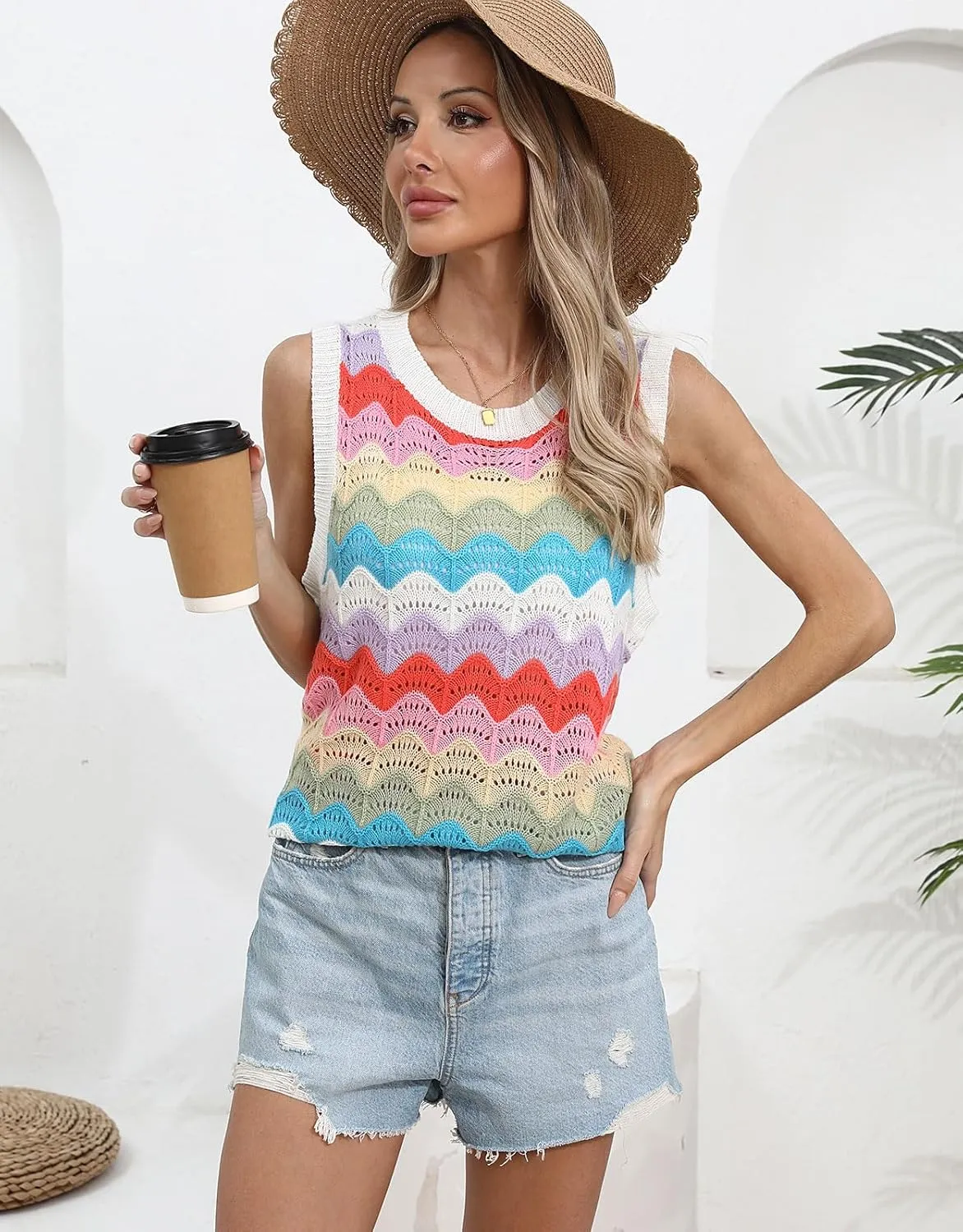 Women's Colorforful Striped Vest Sleeveless Crewneck Sweater Top Hollow Out Lightweight Knit Tops