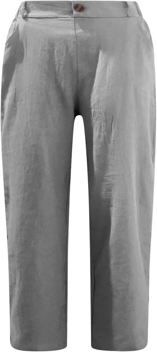 Womens Cotton Linen Capri Pants, Casual Summer Capris Loose Cropped Trousers with Pocket Lightweight Breathable Bottoms