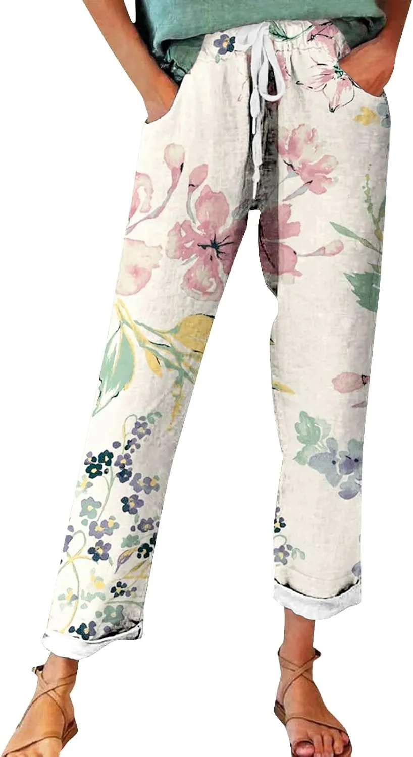 Women's Cotton Linen Pants Vintage Tropical Floral Print Elastic High Waist Drawstring Trousers Summer Beach Pants