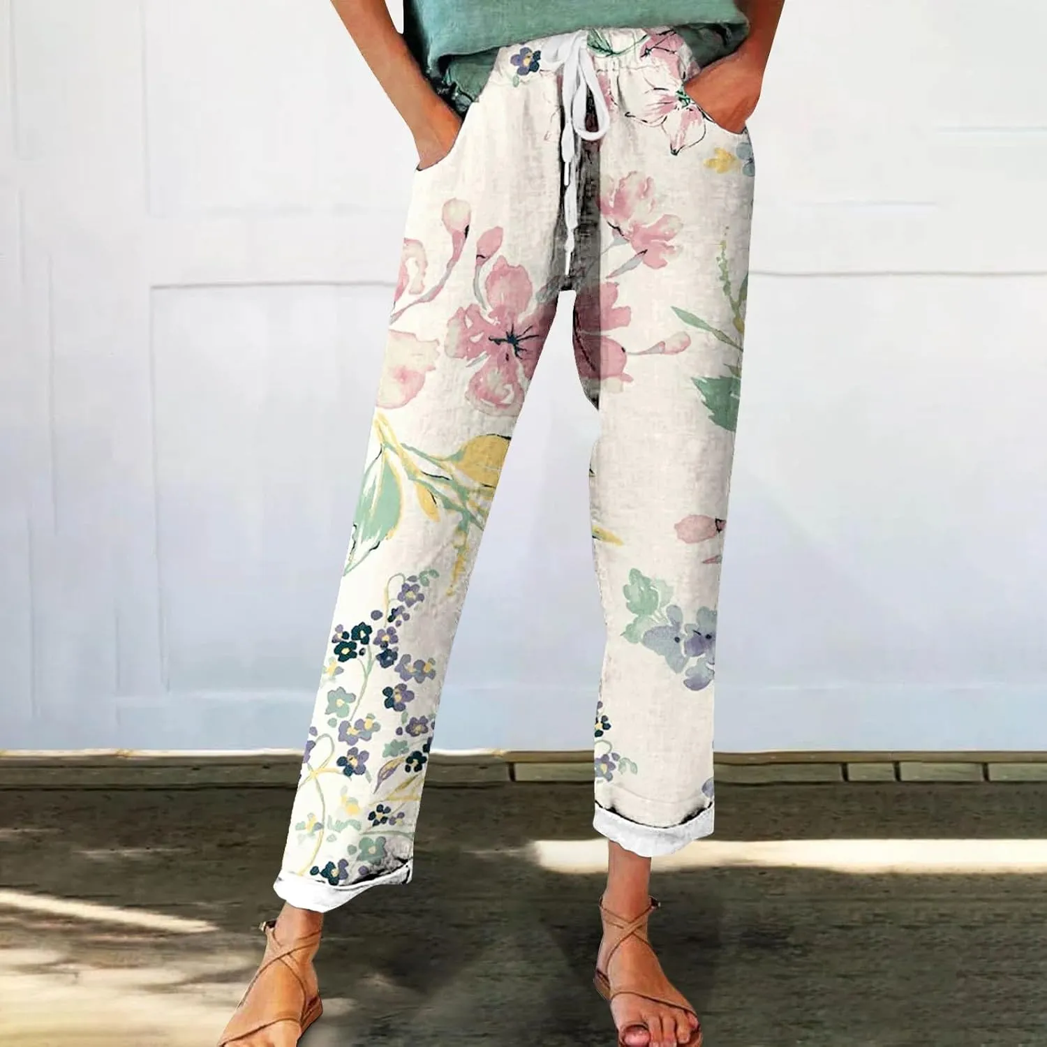 Women's Cotton Linen Pants Vintage Tropical Floral Print Elastic High Waist Drawstring Trousers Summer Beach Pants