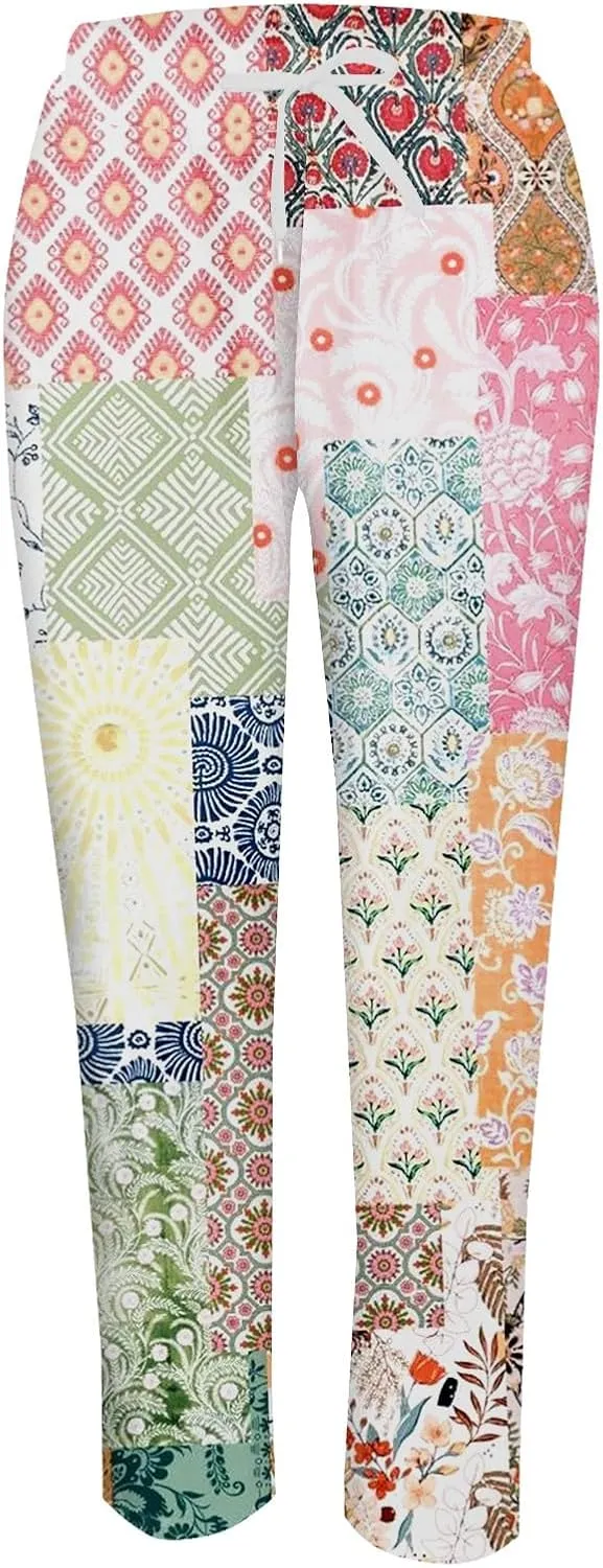 Women's Cotton Linen Pants Vintage Tropical Floral Print Elastic High Waist Drawstring Trousers Summer Beach Pants