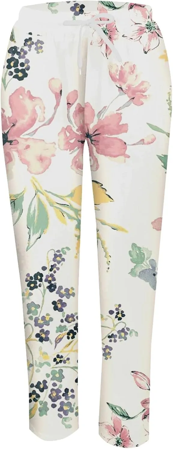 Women's Cotton Linen Pants Vintage Tropical Floral Print Elastic High Waist Drawstring Trousers Summer Beach Pants