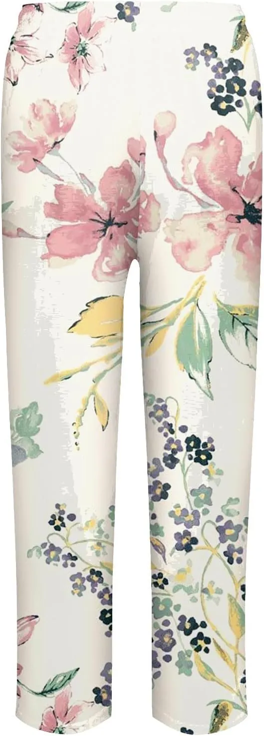 Women's Cotton Linen Pants Vintage Tropical Floral Print Elastic High Waist Drawstring Trousers Summer Beach Pants