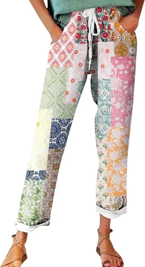 Women's Cotton Linen Pants Vintage Tropical Floral Print Elastic High Waist Drawstring Trousers Summer Beach Pants