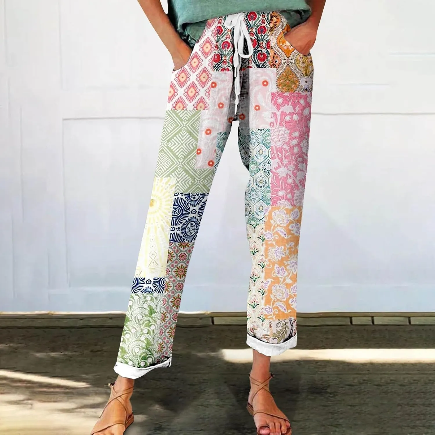 Women's Cotton Linen Pants Vintage Tropical Floral Print Elastic High Waist Drawstring Trousers Summer Beach Pants