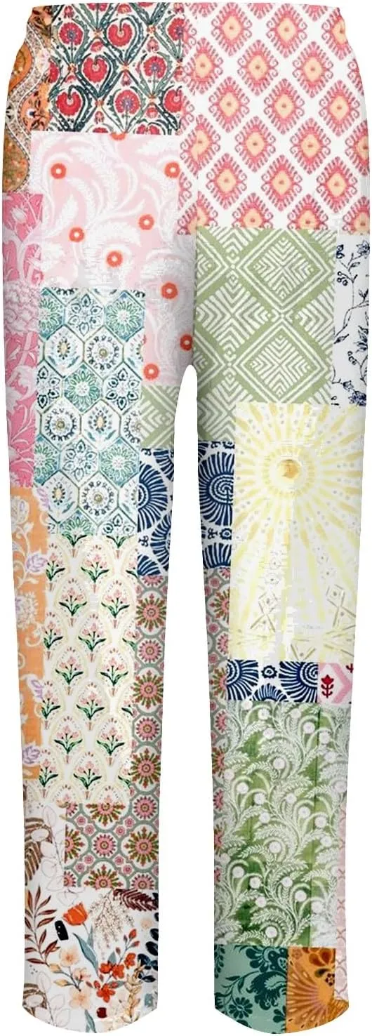 Women's Cotton Linen Pants Vintage Tropical Floral Print Elastic High Waist Drawstring Trousers Summer Beach Pants