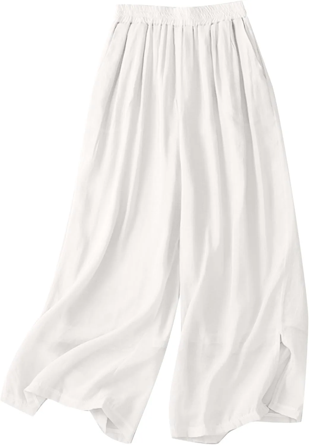 Women's Culottes Linen Blend Wide Leg Pants Baggy Elastic Waist Casual Pleated Palazzo Trousers Capris with Pockets