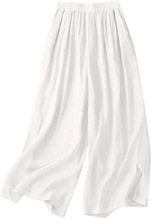 Women's Culottes Linen Blend Wide Leg Pants Baggy Elastic Waist Casual Pleated Palazzo Trousers Capris with Pockets