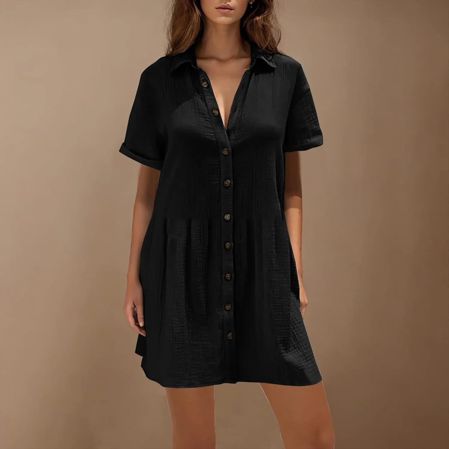 Womens Dresses 2025 Summer Button Down Cotton Linen Beach Mini Dress Casual Loose Fit Short Sleeve V Neck Shirt Dress