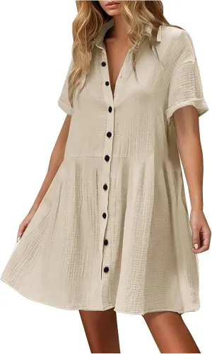 Womens Dresses 2025 Summer Button Down Cotton Linen Beach Mini Dress Casual Loose Fit Short Sleeve V Neck Shirt Dress