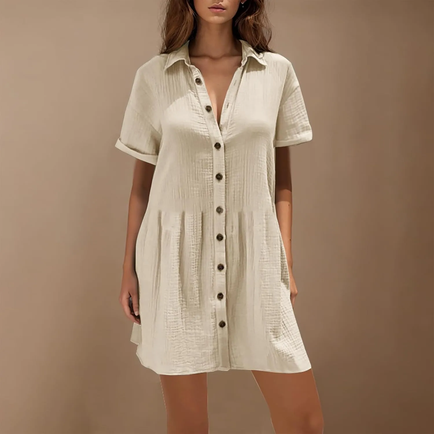 Womens Dresses 2025 Summer Button Down Cotton Linen Beach Mini Dress Casual Loose Fit Short Sleeve V Neck Shirt Dress