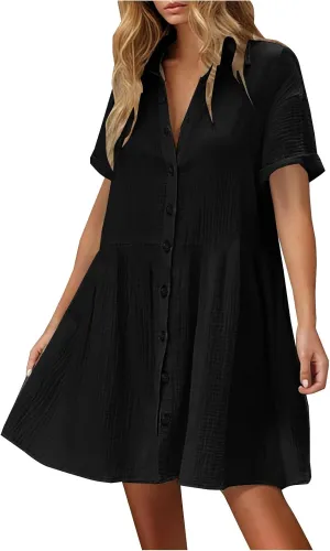 Womens Dresses 2025 Summer Button Down Cotton Linen Beach Mini Dress Casual Loose Fit Short Sleeve V Neck Shirt Dress