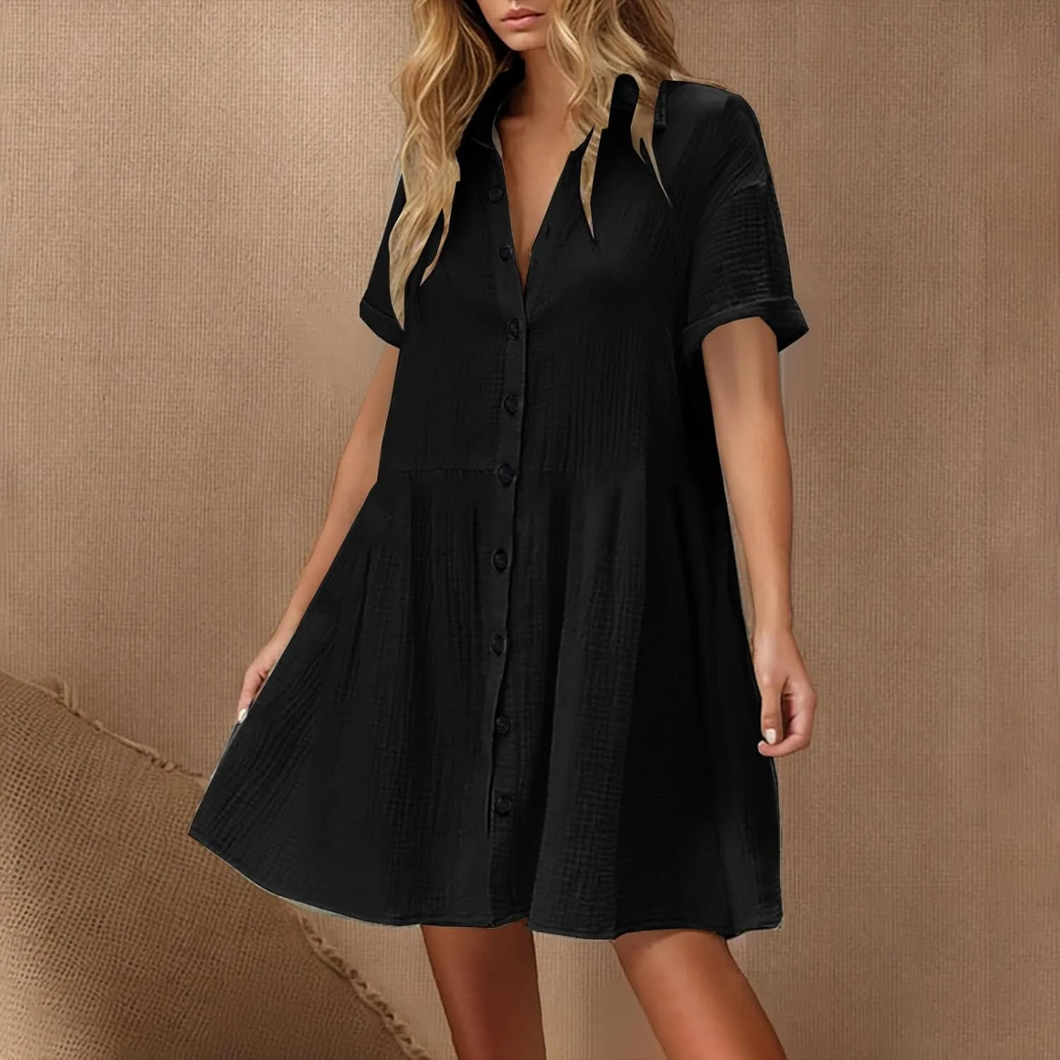 Womens Dresses 2025 Summer Button Down Cotton Linen Beach Mini Dress Casual Loose Fit Short Sleeve V Neck Shirt Dress