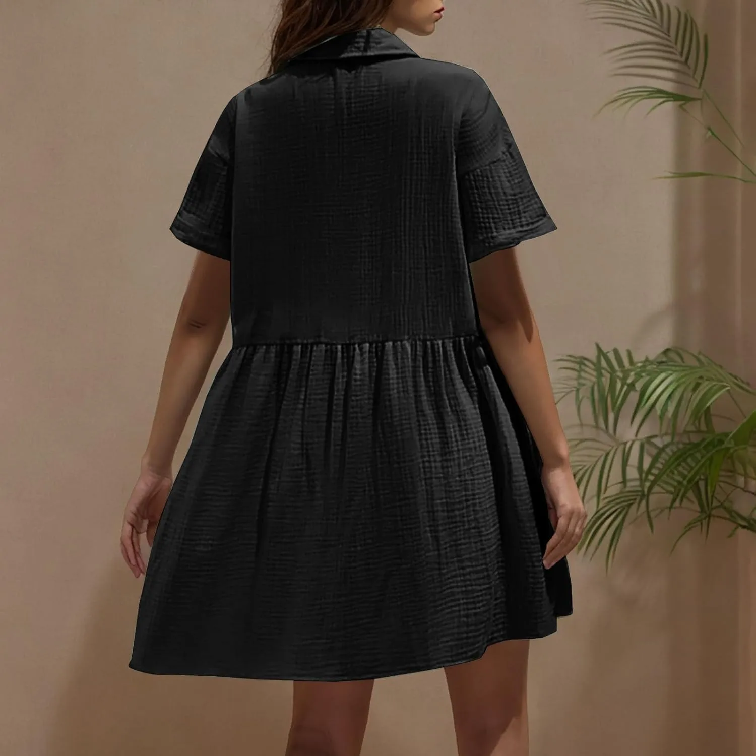 Womens Dresses 2025 Summer Button Down Cotton Linen Beach Mini Dress Casual Loose Fit Short Sleeve V Neck Shirt Dress