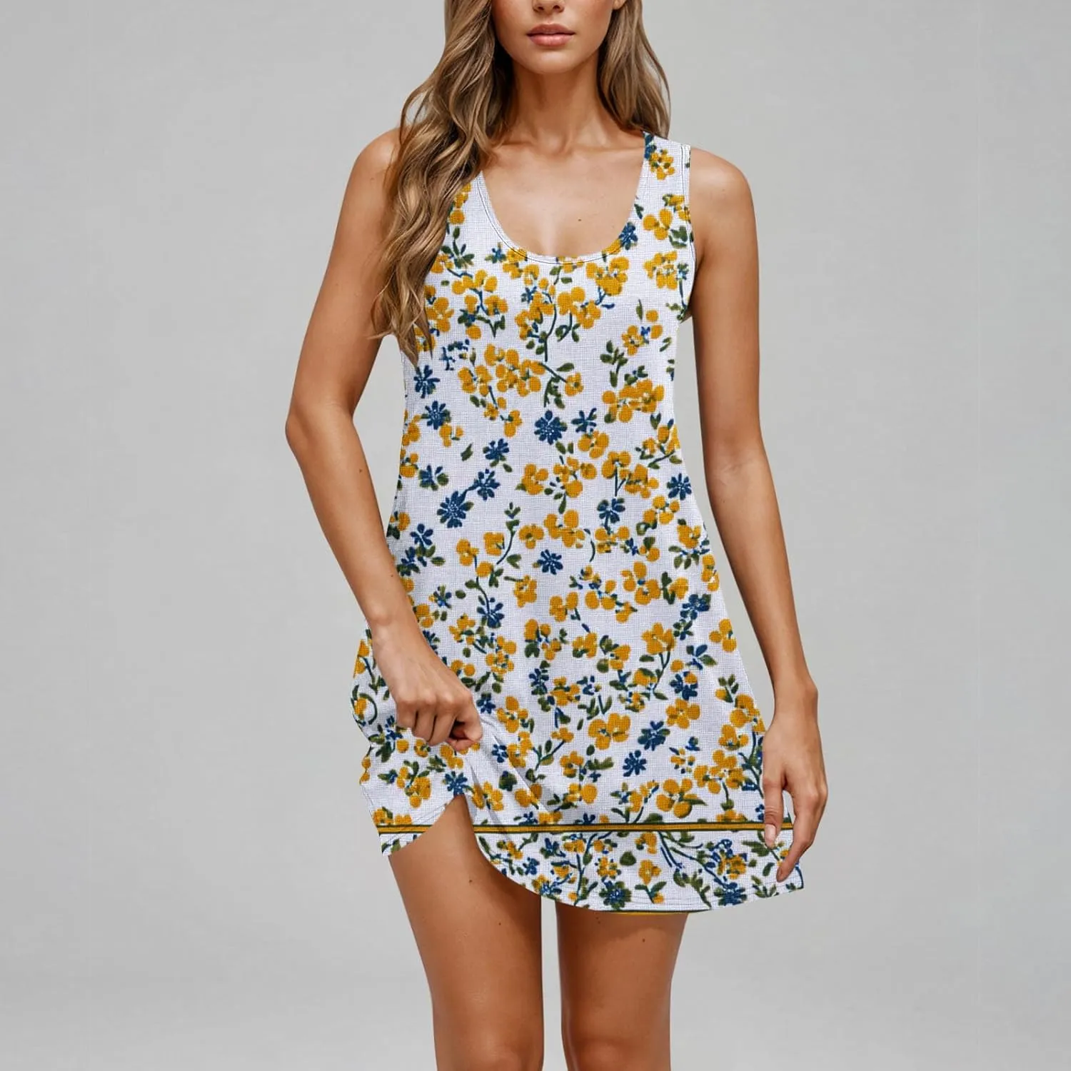 Womens Dresses Beach Casual Round Neck Sleeveless Floral Print Flowy Dress with Pockets 2025 Beach Mini Sundresses