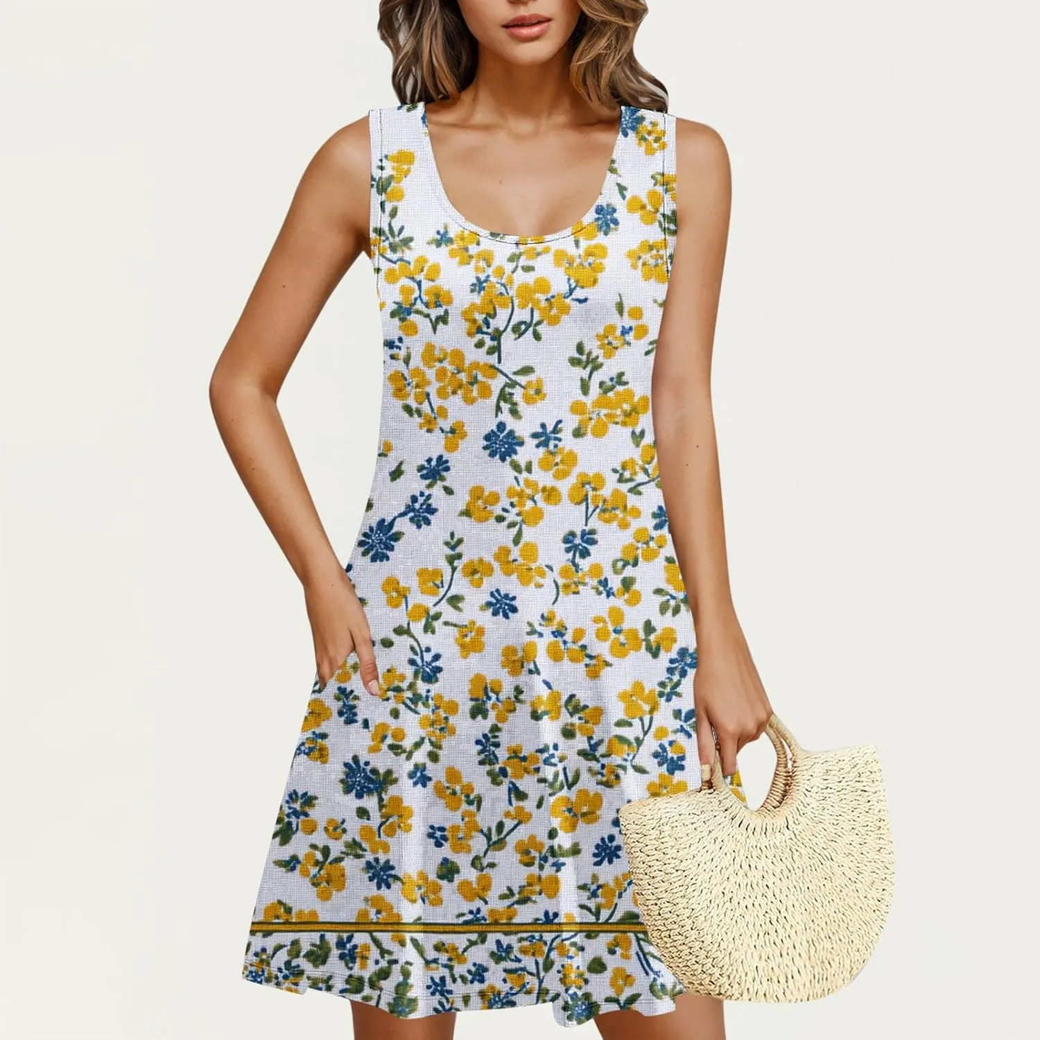Womens Dresses Beach Casual Round Neck Sleeveless Floral Print Flowy Dress with Pockets 2025 Beach Mini Sundresses