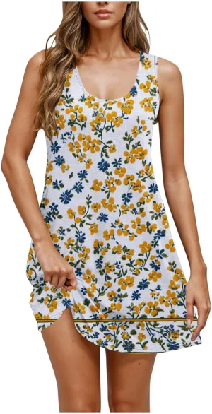 Womens Dresses Beach Casual Round Neck Sleeveless Floral Print Flowy Dress with Pockets 2025 Beach Mini Sundresses