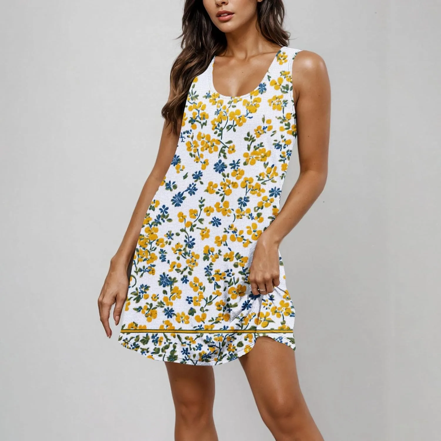 Womens Dresses Beach Casual Round Neck Sleeveless Floral Print Flowy Dress with Pockets 2025 Beach Mini Sundresses