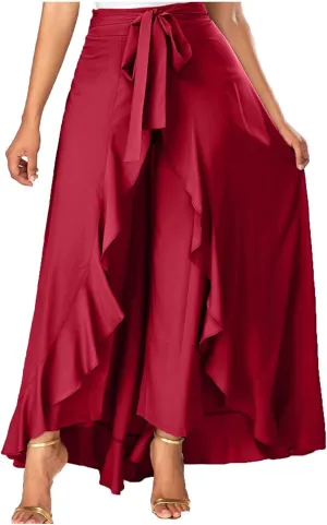Women's Irregular Ruffle Pants Skirts High Waist Knot Tie Casual Maxi Long Palazzo Culottes A-Line Skirts Trousers
