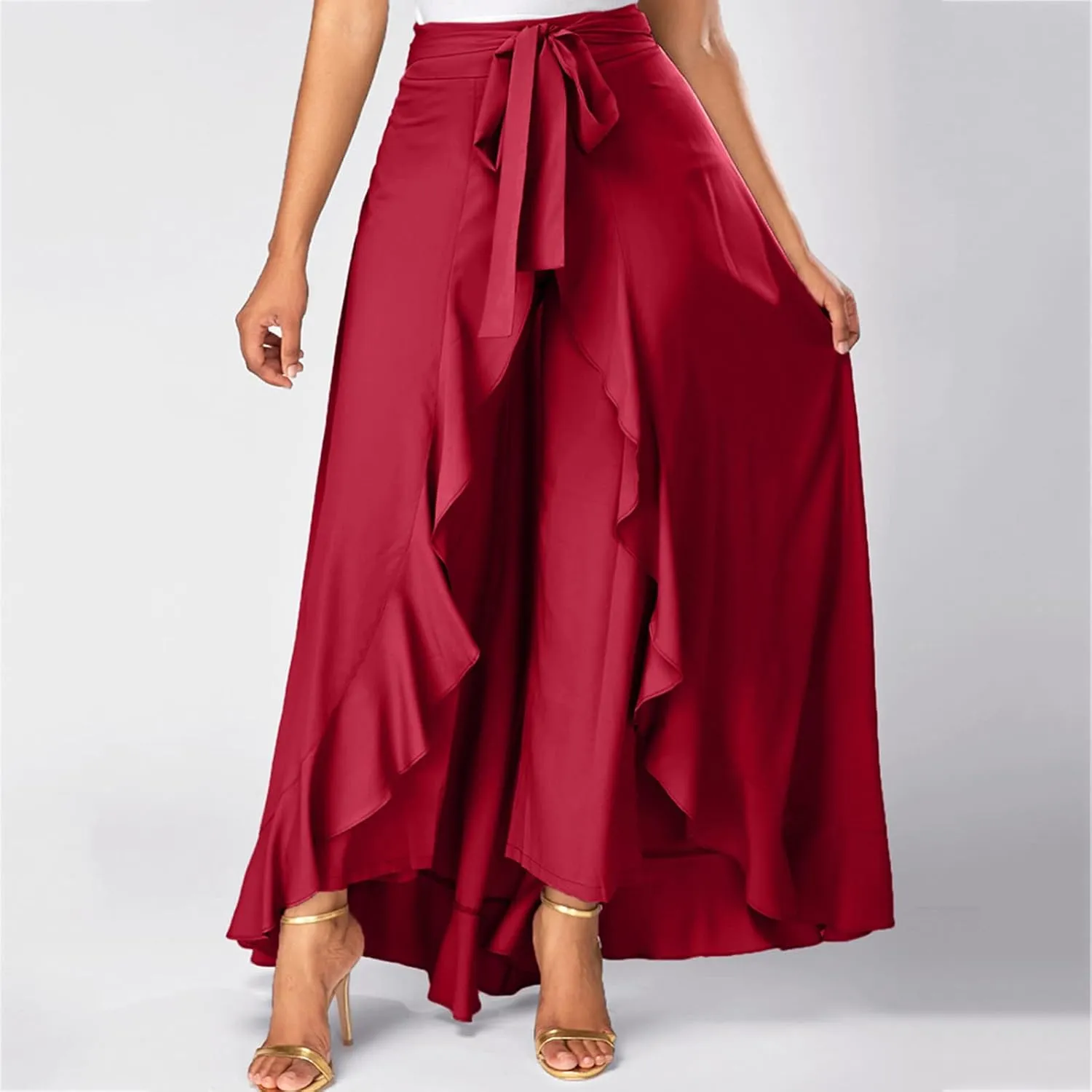Women's Irregular Ruffle Pants Skirts High Waist Knot Tie Casual Maxi Long Palazzo Culottes A-Line Skirts Trousers