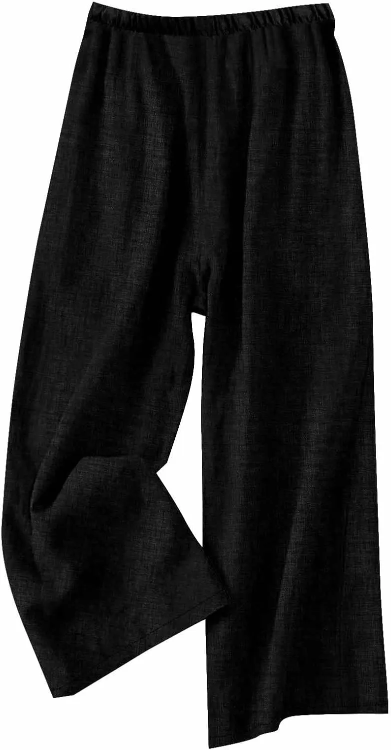 Women's Linen Blend Wide Leg Pants Tie Elastic Waist Casual Palazzo Trousers with Pockets Casual Beach Long Slacks