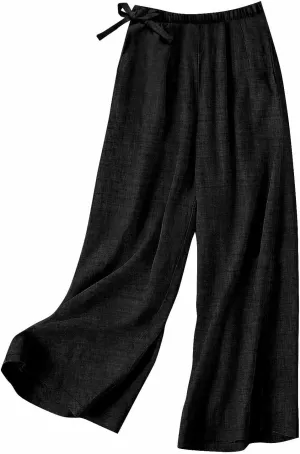 Women's Linen Blend Wide Leg Pants Tie Elastic Waist Casual Palazzo Trousers with Pockets Casual Beach Long Slacks