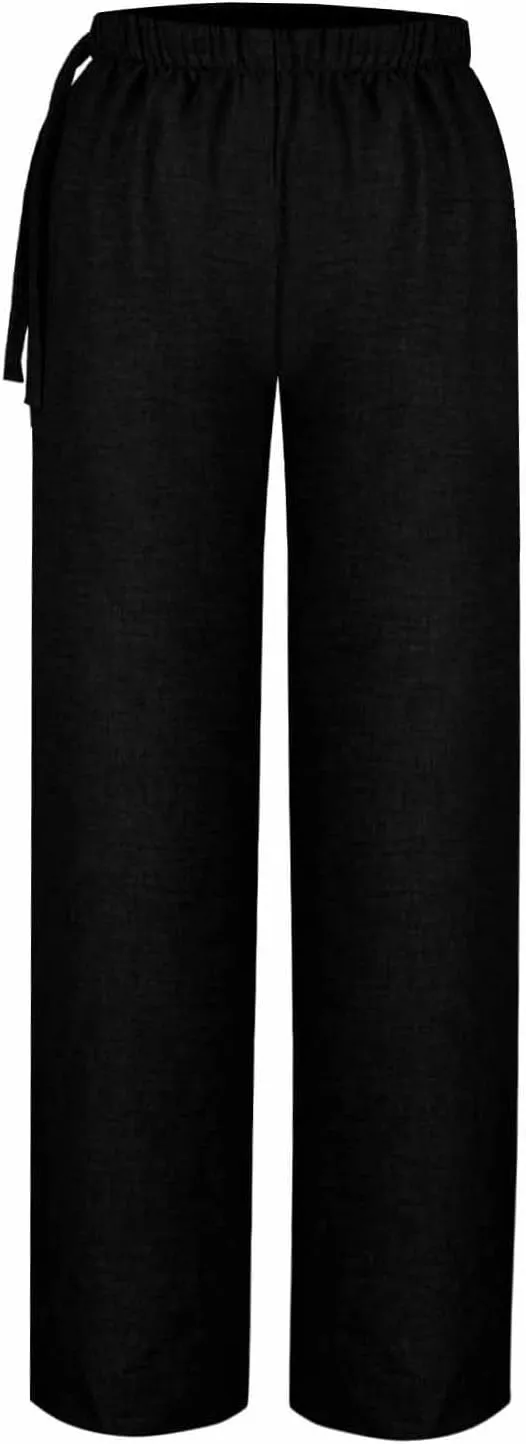 Women's Linen Blend Wide Leg Pants Tie Elastic Waist Casual Palazzo Trousers with Pockets Casual Beach Long Slacks