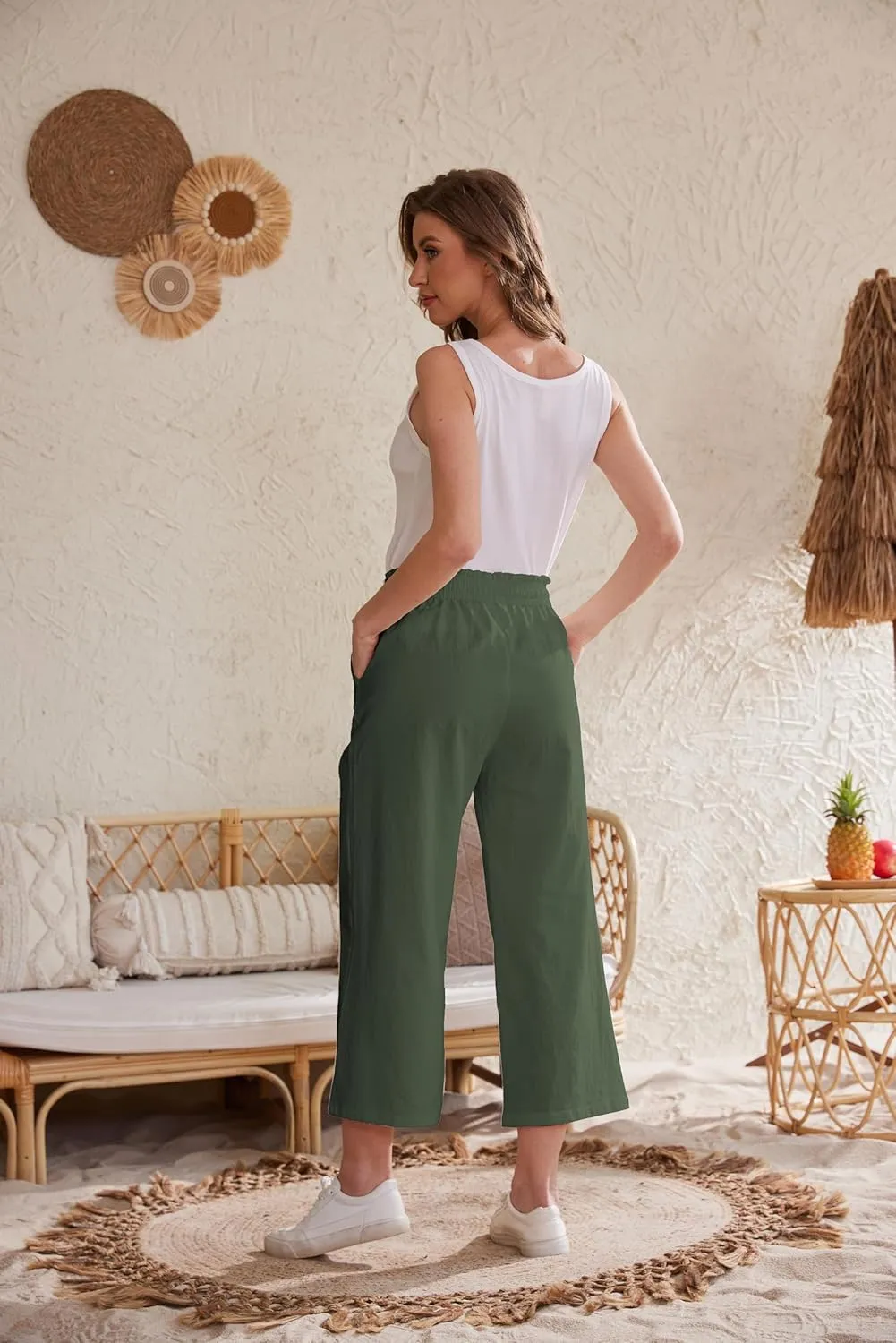Womens Linen Pants Wide Leg High Waisted Drawstring Casual Flowy Pants with Pockets