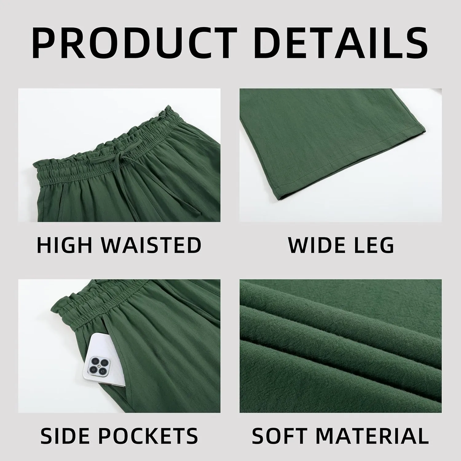 Womens Linen Pants Wide Leg High Waisted Drawstring Casual Flowy Pants with Pockets