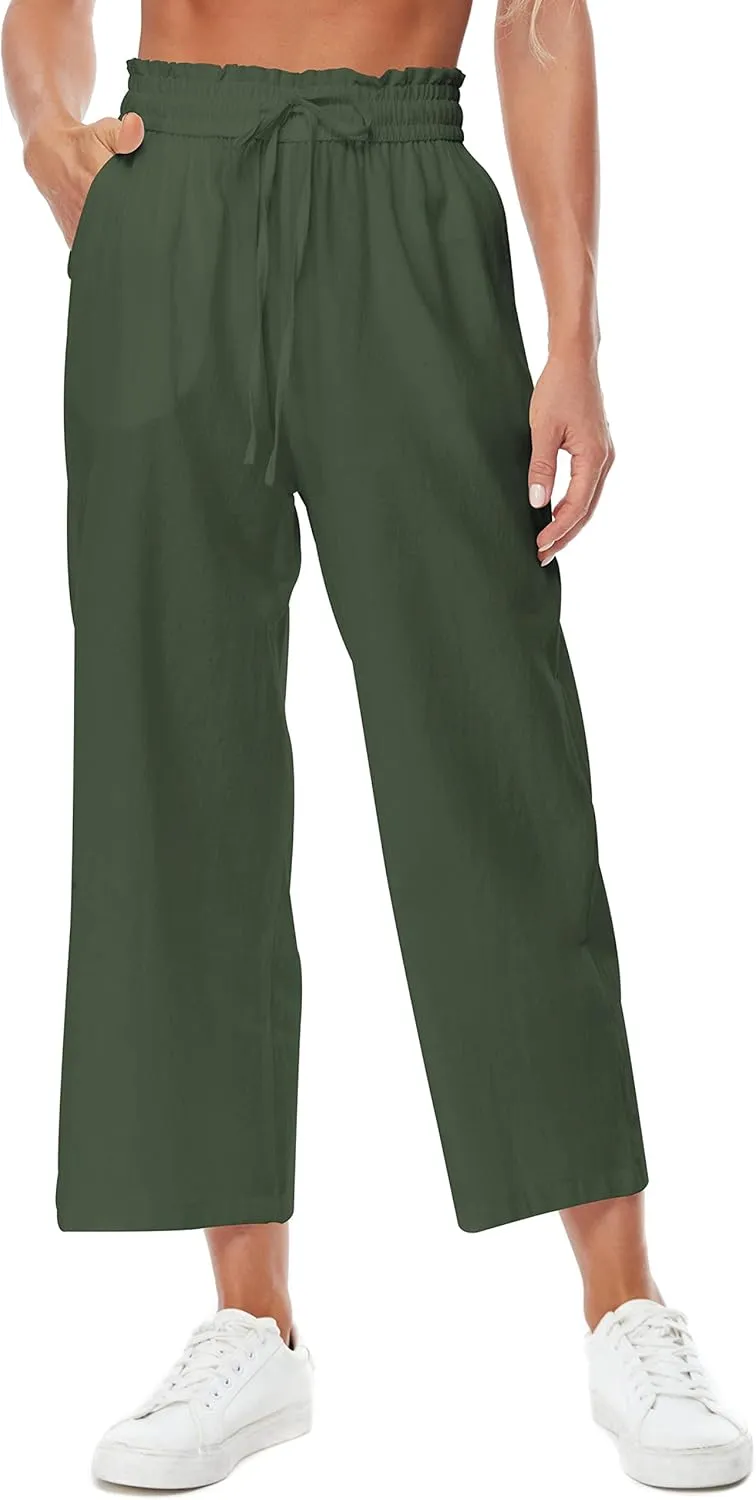 Womens Linen Pants Wide Leg High Waisted Drawstring Casual Flowy Pants with Pockets