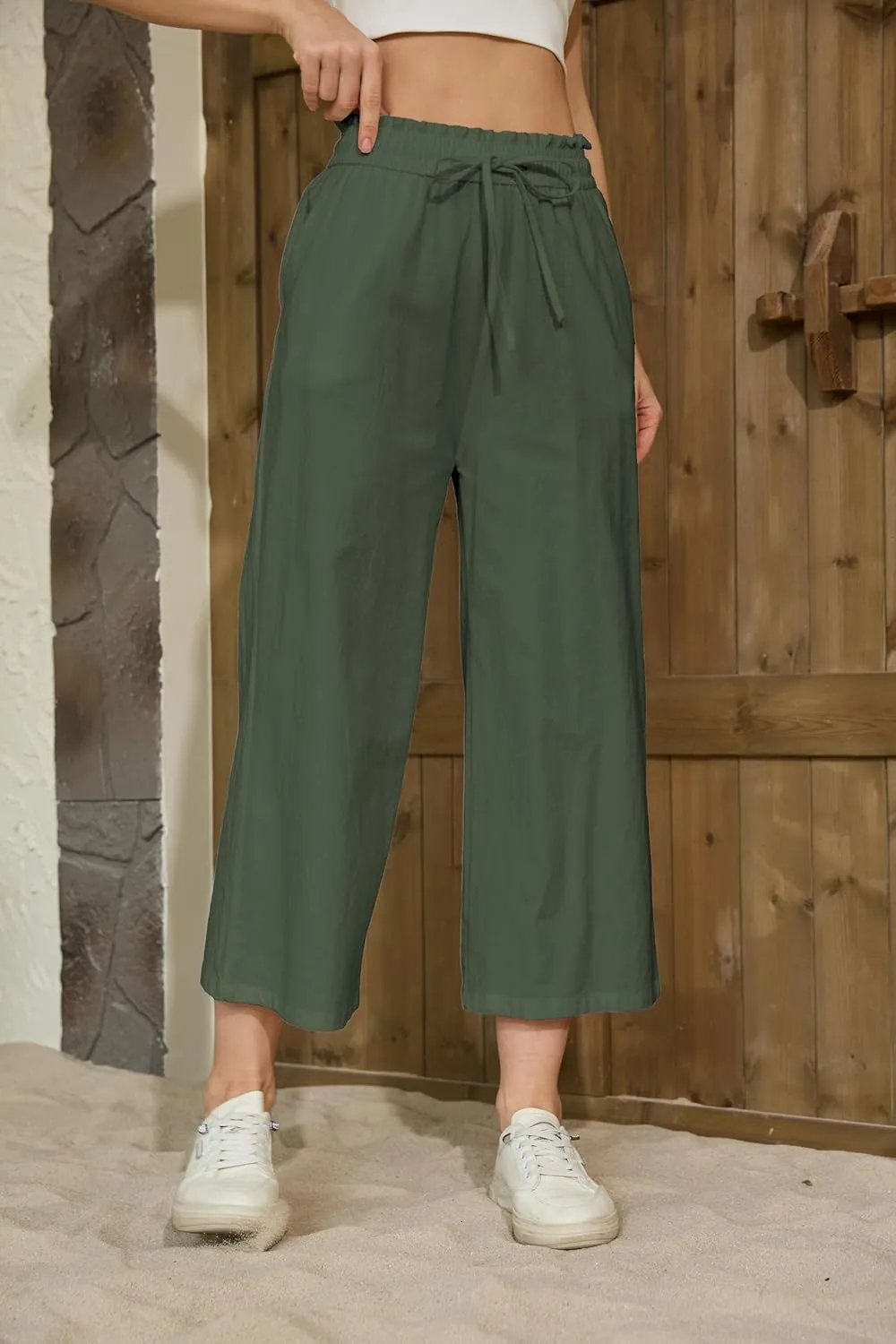 Womens Linen Pants Wide Leg High Waisted Drawstring Casual Flowy Pants with Pockets