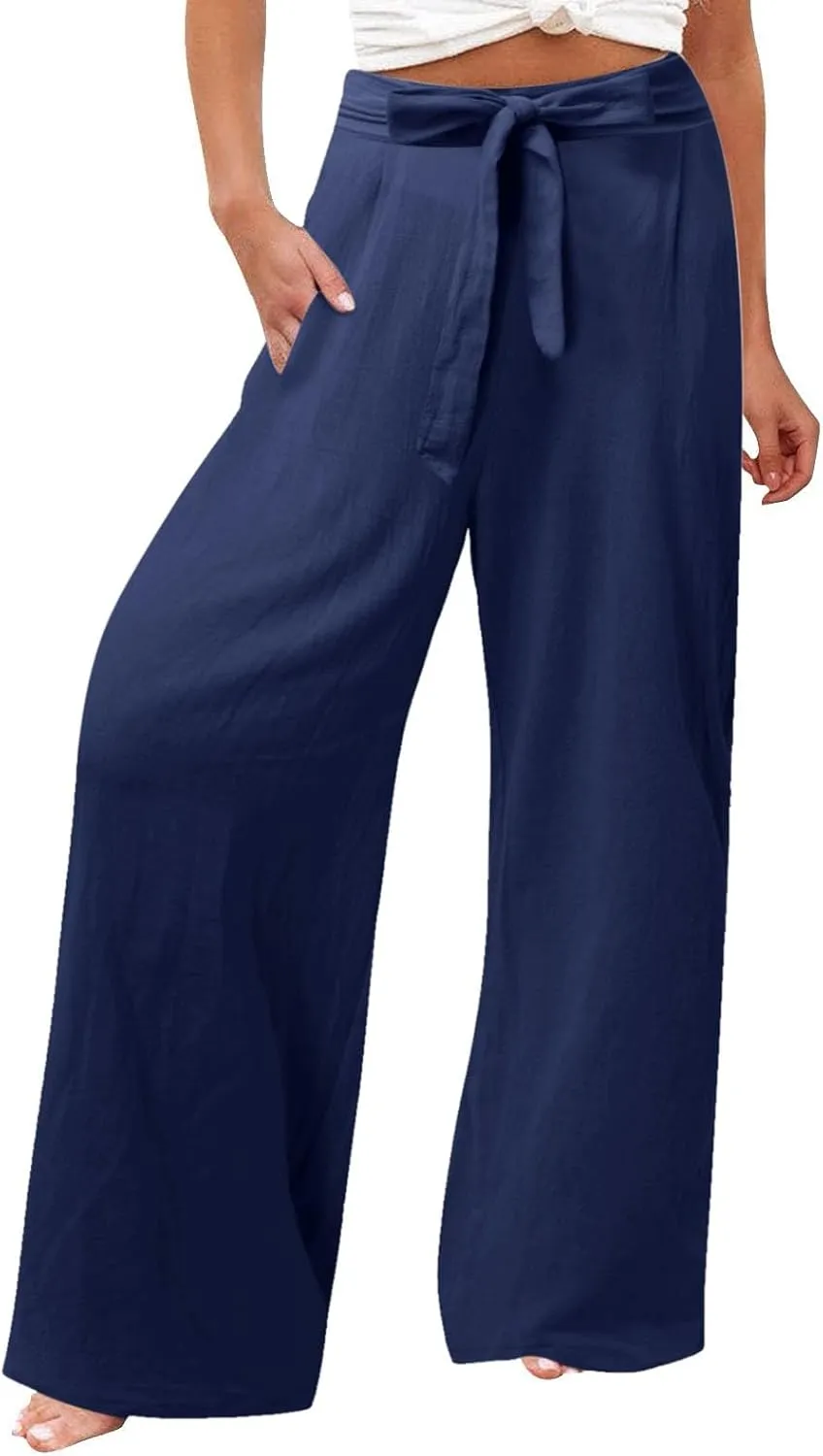 Womens Linen Summer Flowy Pants Elastic Waist Lounge Pants Slim Fit Trouser Travel