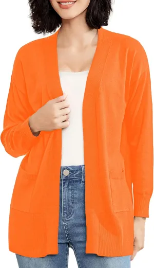 Women's Open Front Cardigan with Pockets Long Sleeve Solid Color Lightweight Knit Sweater