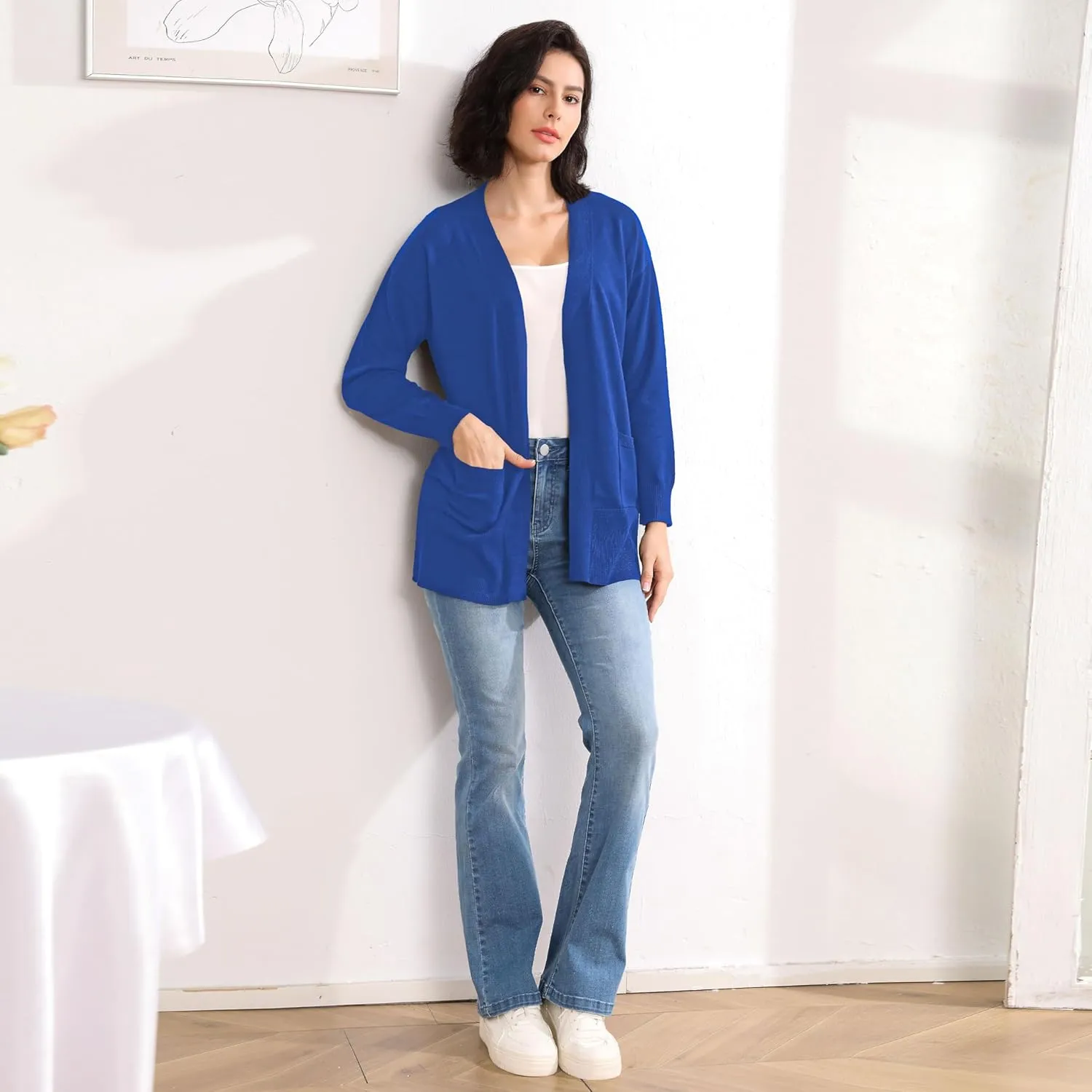 Women's Open Front Cardigan with Pockets Long Sleeve Solid Color Lightweight Knit Sweater