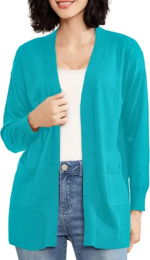 Women's Open Front Cardigan with Pockets Long Sleeve Solid Color Lightweight Knit Sweater
