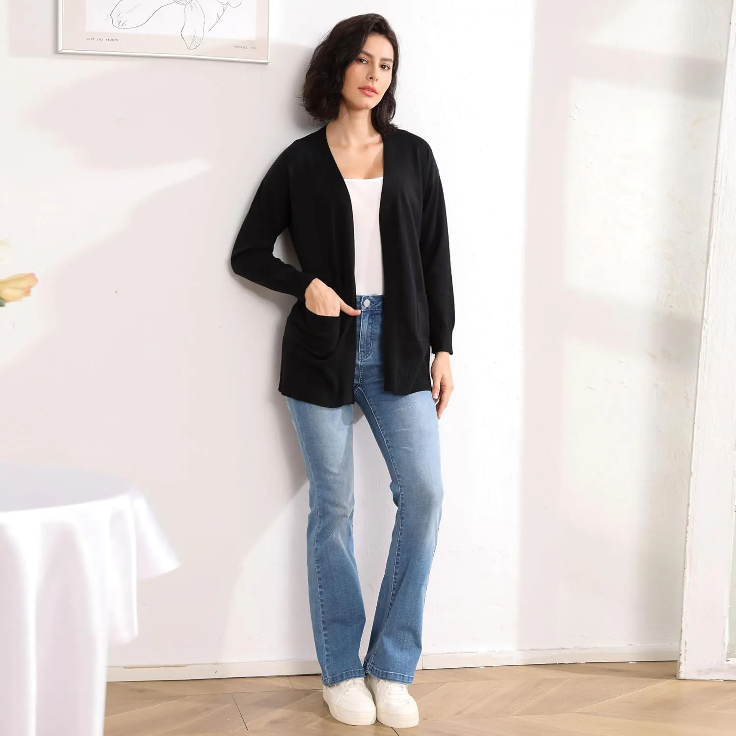 Women's Open Front Cardigan with Pockets Long Sleeve Solid Color Lightweight Knit Sweater