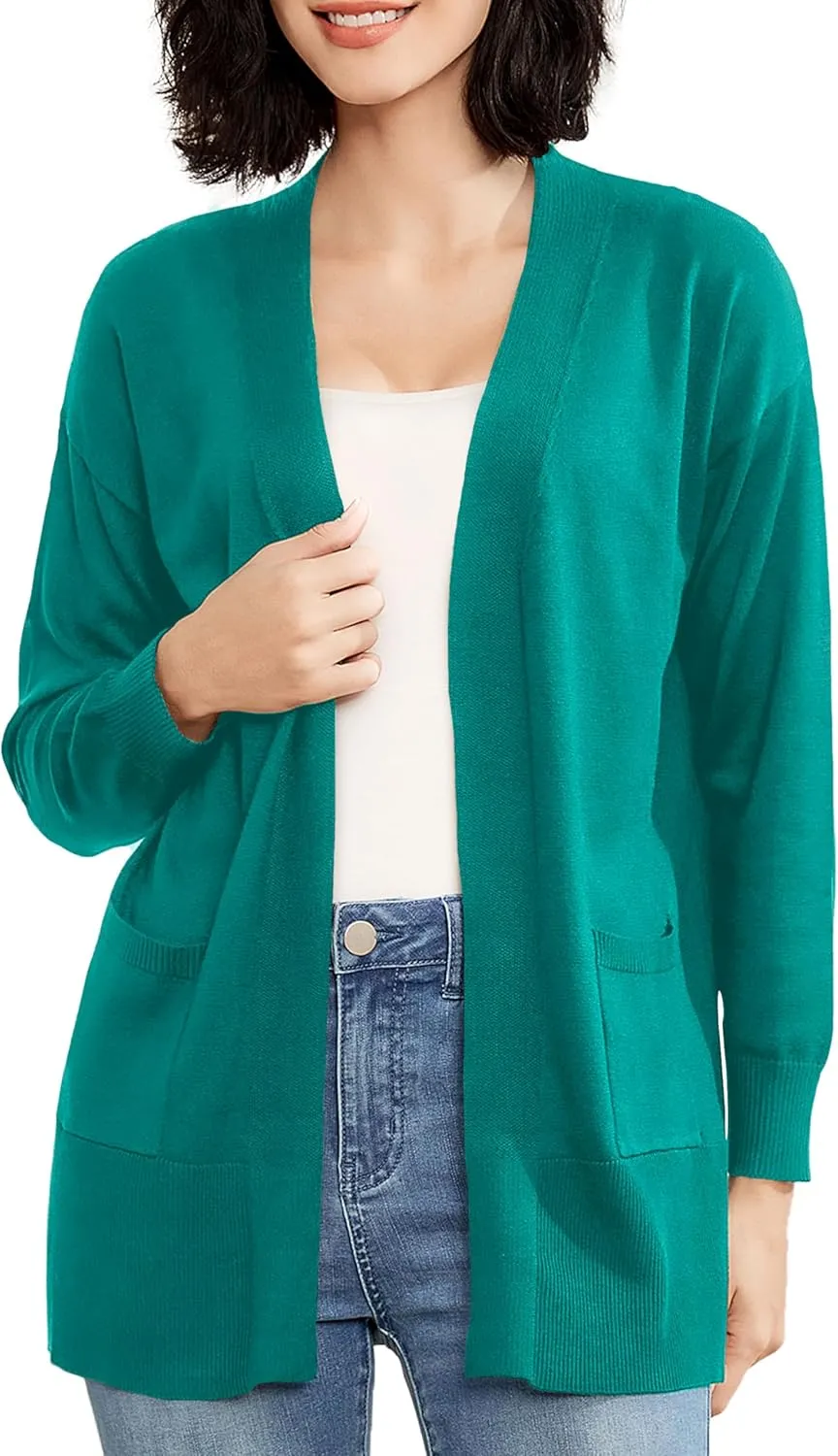 Women's Open Front Cardigan with Pockets Long Sleeve Solid Color Lightweight Knit Sweater