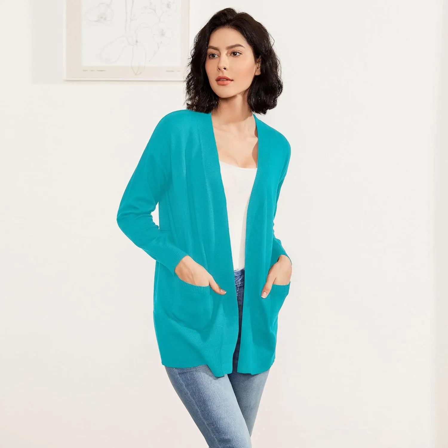 Women's Open Front Cardigan with Pockets Long Sleeve Solid Color Lightweight Knit Sweater