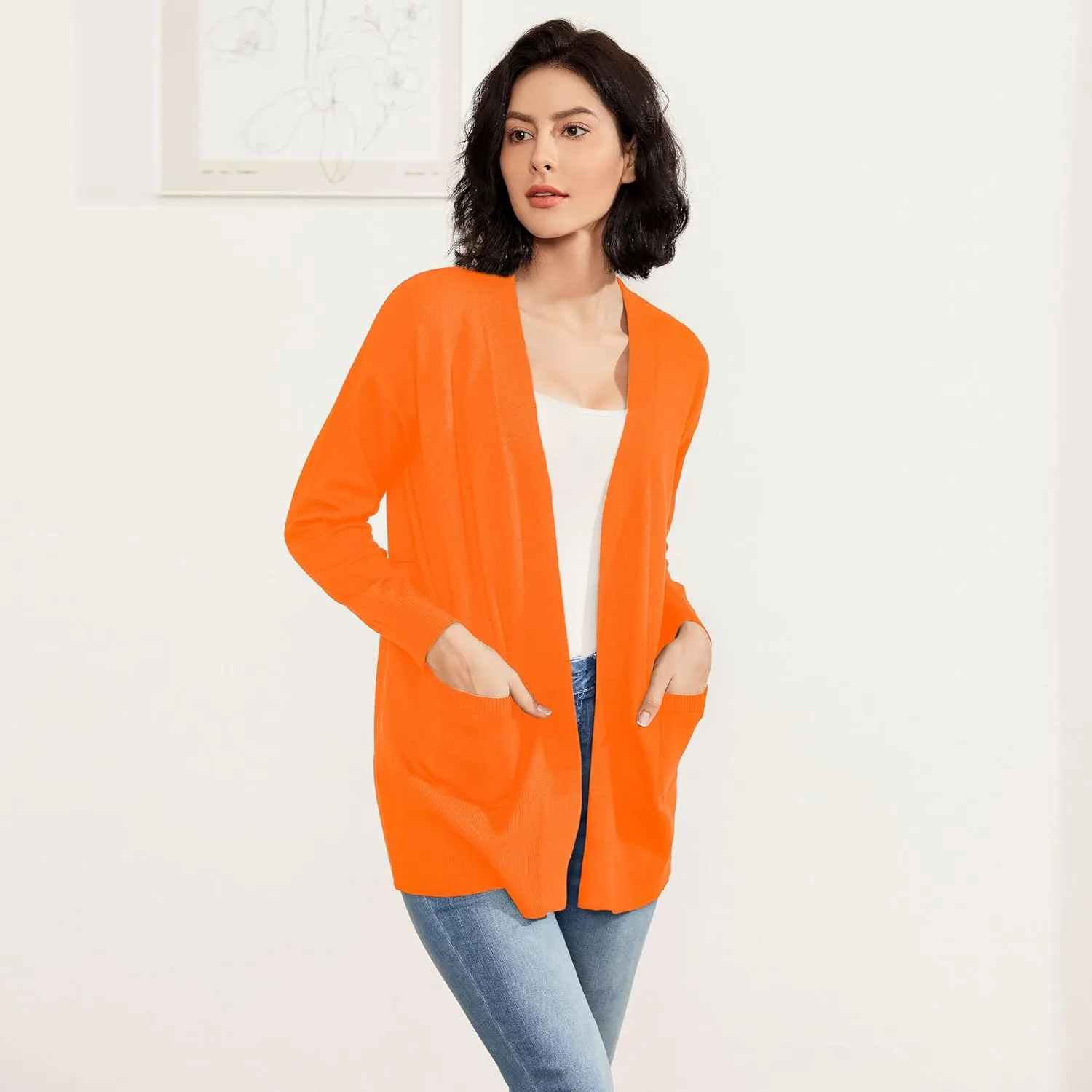 Women's Open Front Cardigan with Pockets Long Sleeve Solid Color Lightweight Knit Sweater
