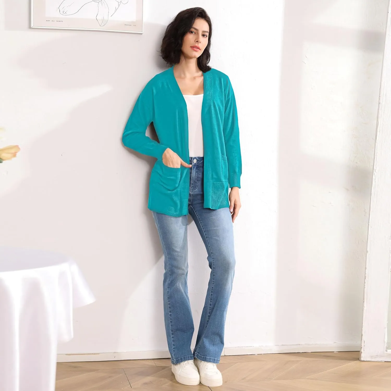 Women's Open Front Cardigan with Pockets Long Sleeve Solid Color Lightweight Knit Sweater