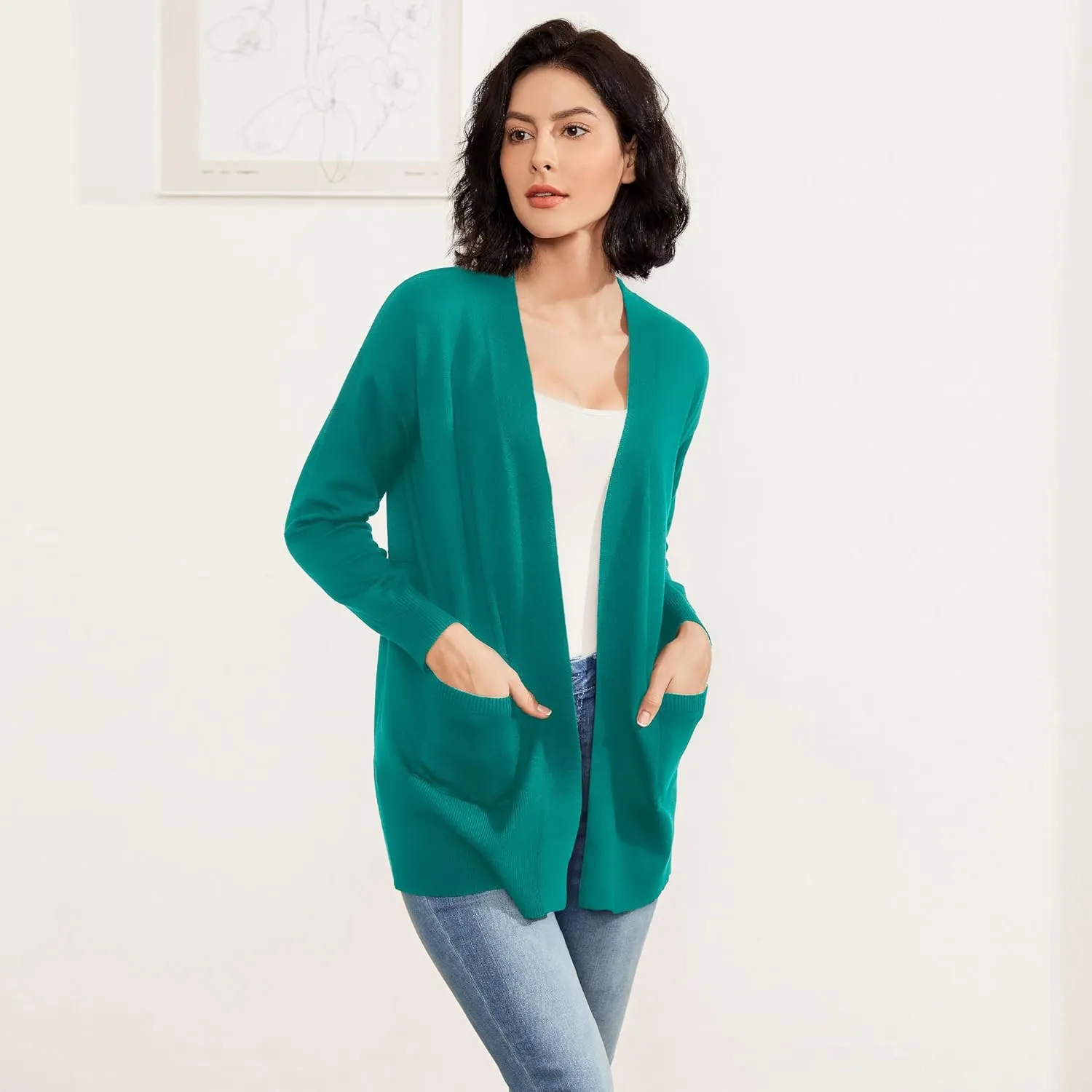 Women's Open Front Cardigan with Pockets Long Sleeve Solid Color Lightweight Knit Sweater