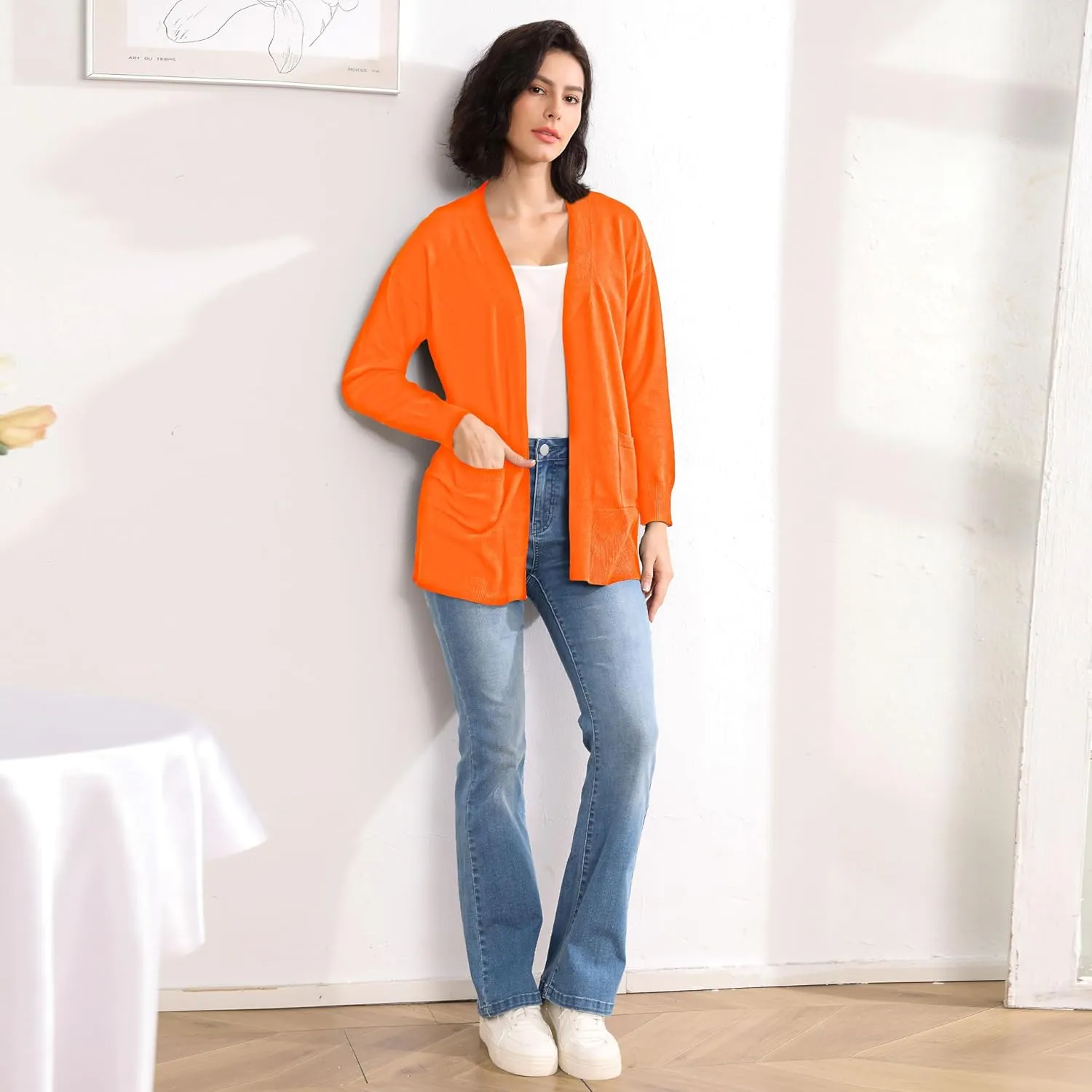 Women's Open Front Cardigan with Pockets Long Sleeve Solid Color Lightweight Knit Sweater