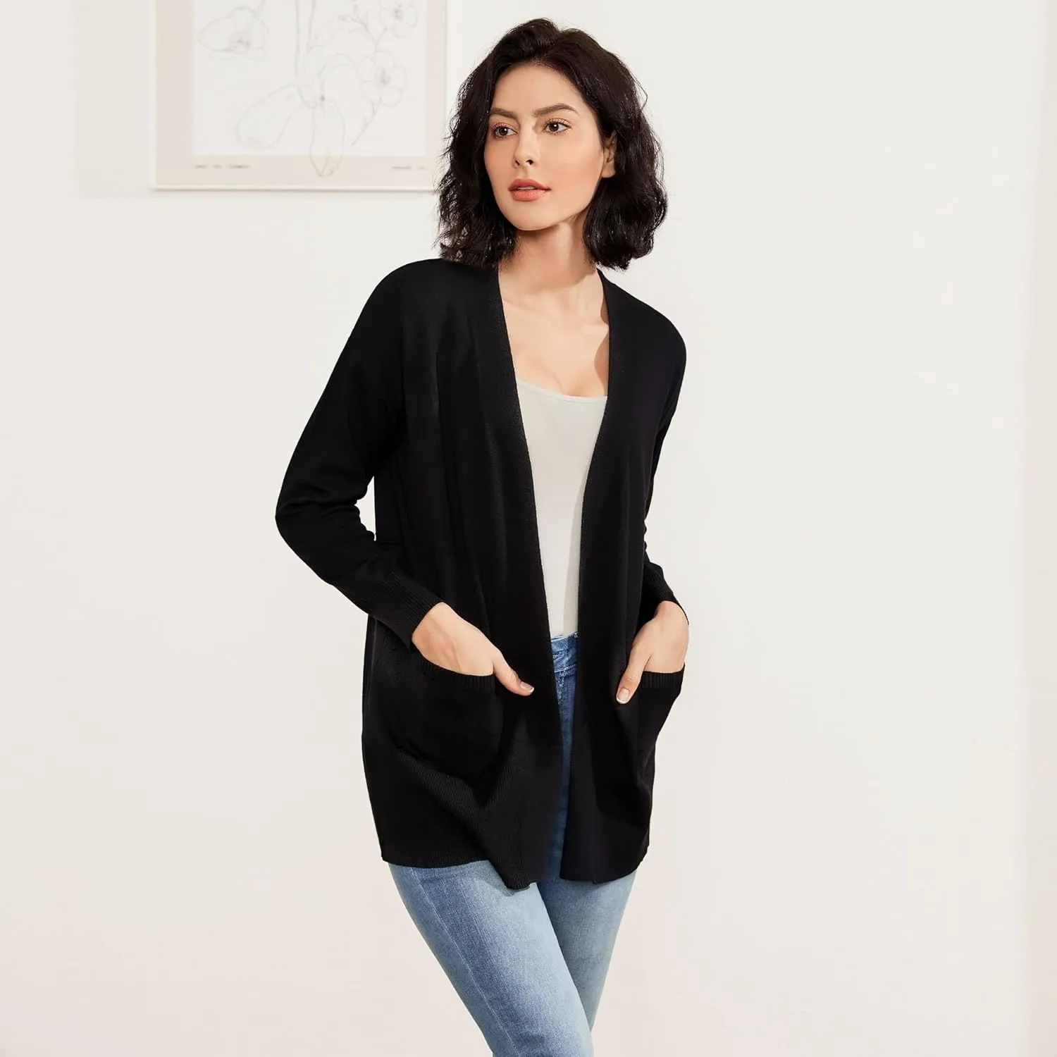 Women's Open Front Cardigan with Pockets Long Sleeve Solid Color Lightweight Knit Sweater