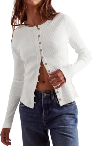 Womens Slim Fitted Ribbed Cardigan Long Sleeve Y2K Button Down Shirts Lightweight Pullover Tunic Tops